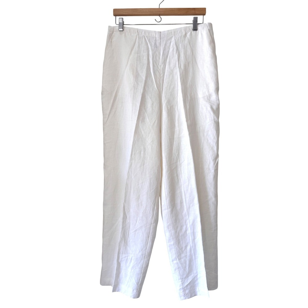 White Linen High Waist Pleated Trousers Women 16 Pull On Coastal Nautical Summer